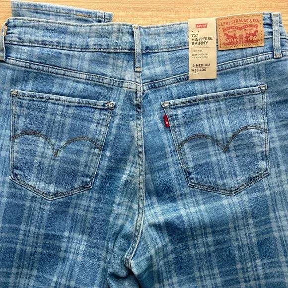 Rare Levi's Women's 721 High Rise Skinny Sapphire Plaid Jeans 33 (US 16) R "NWT" - Picture 3 of 13